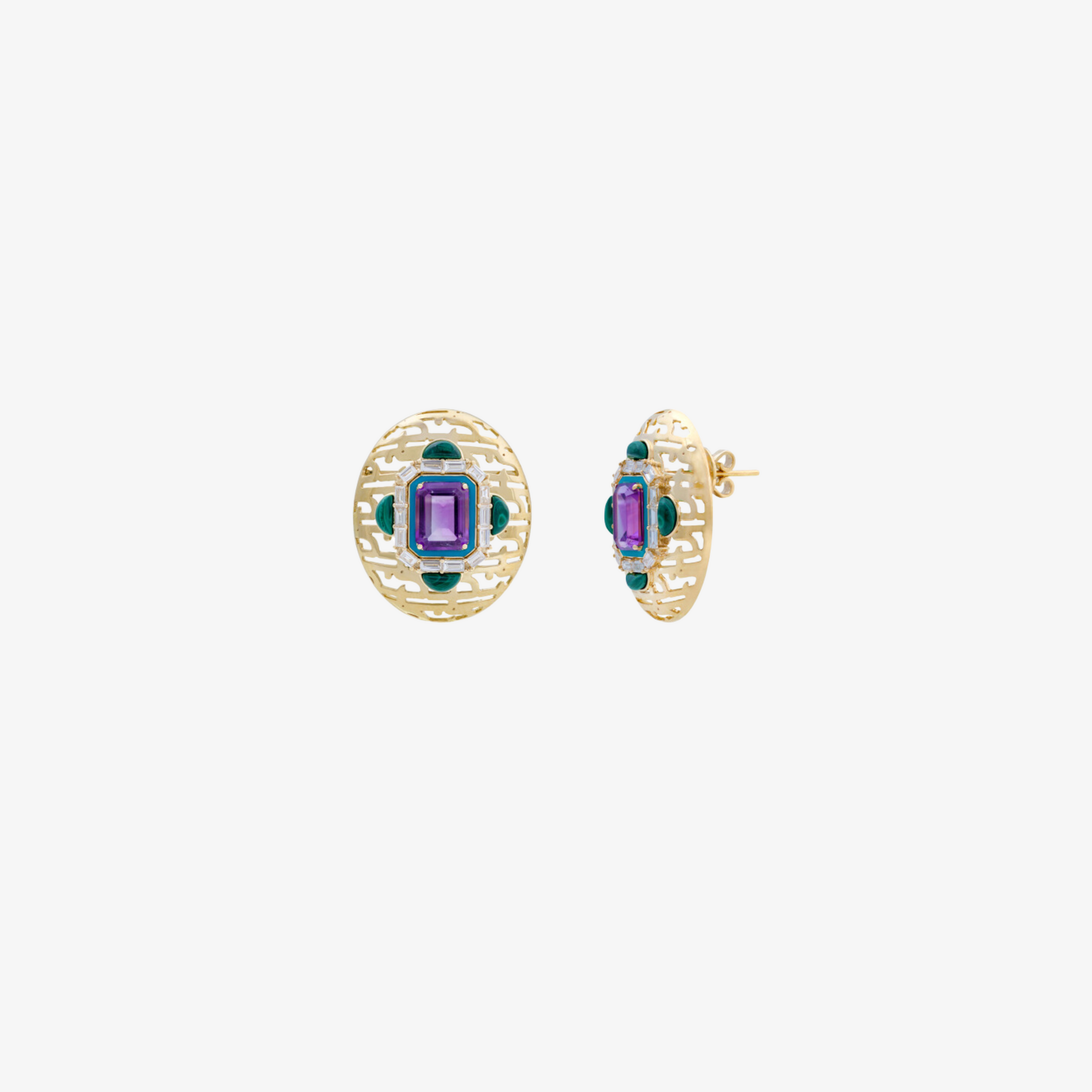HAWA - 18K Gold, Malachite, Emerald & Baguette Diamond Earrings