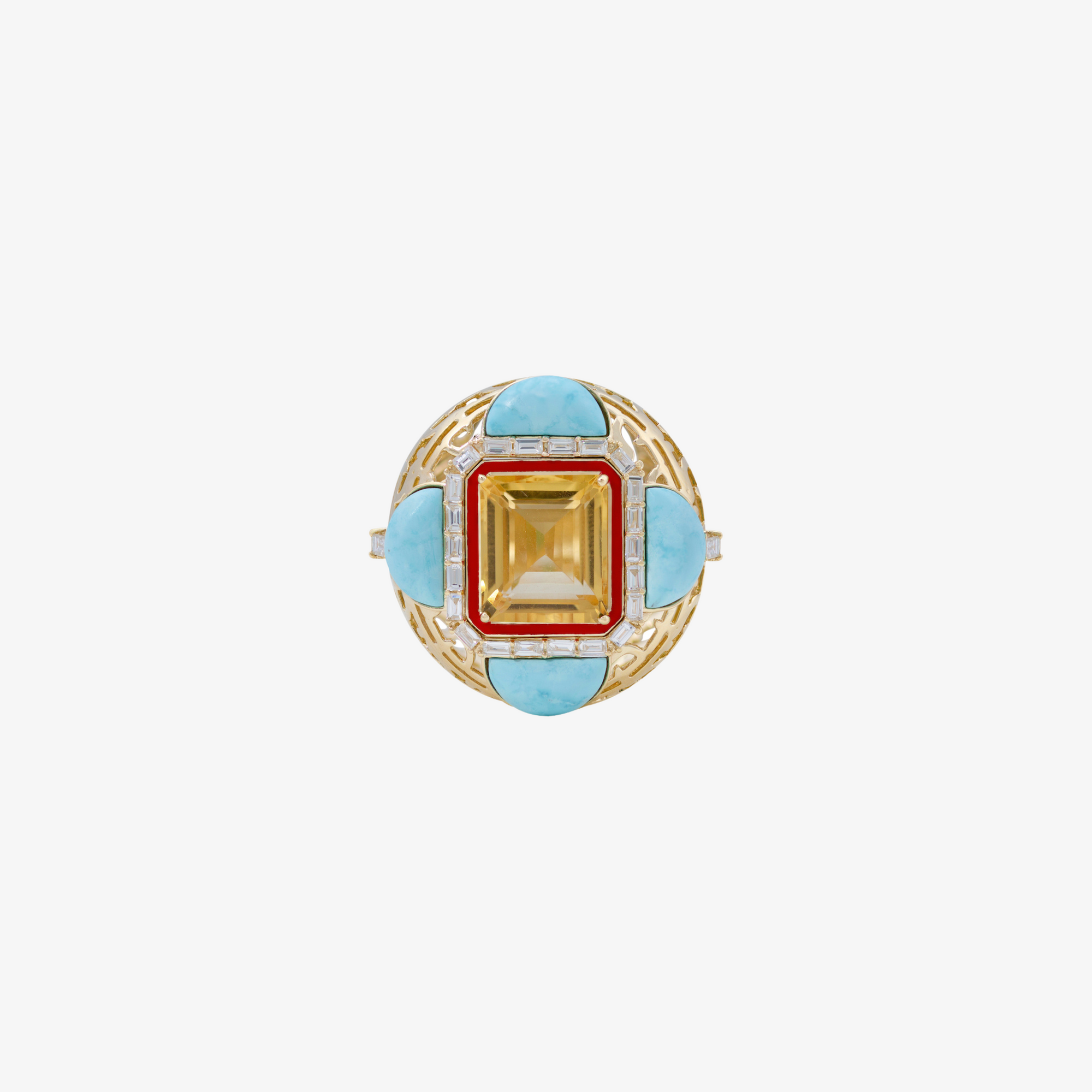 HAWA - 18K Gold, Citrine & Turquoise Baguette Diamond Ring