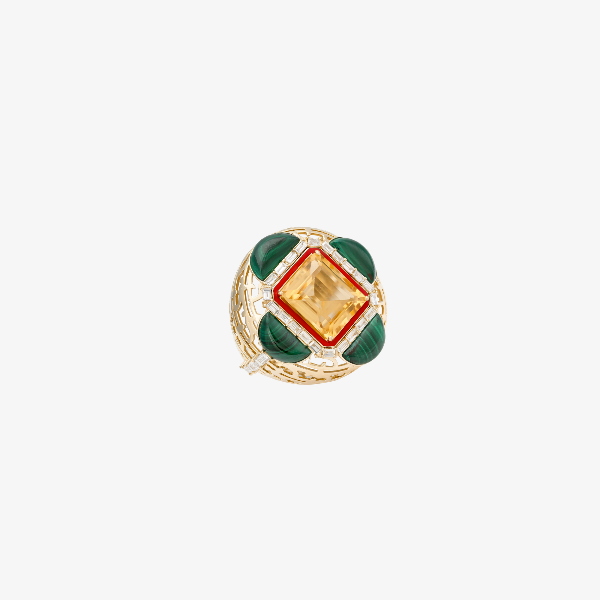 HAWA - 18K Gold, Citrine & Malachite Baguette Diamond Ring