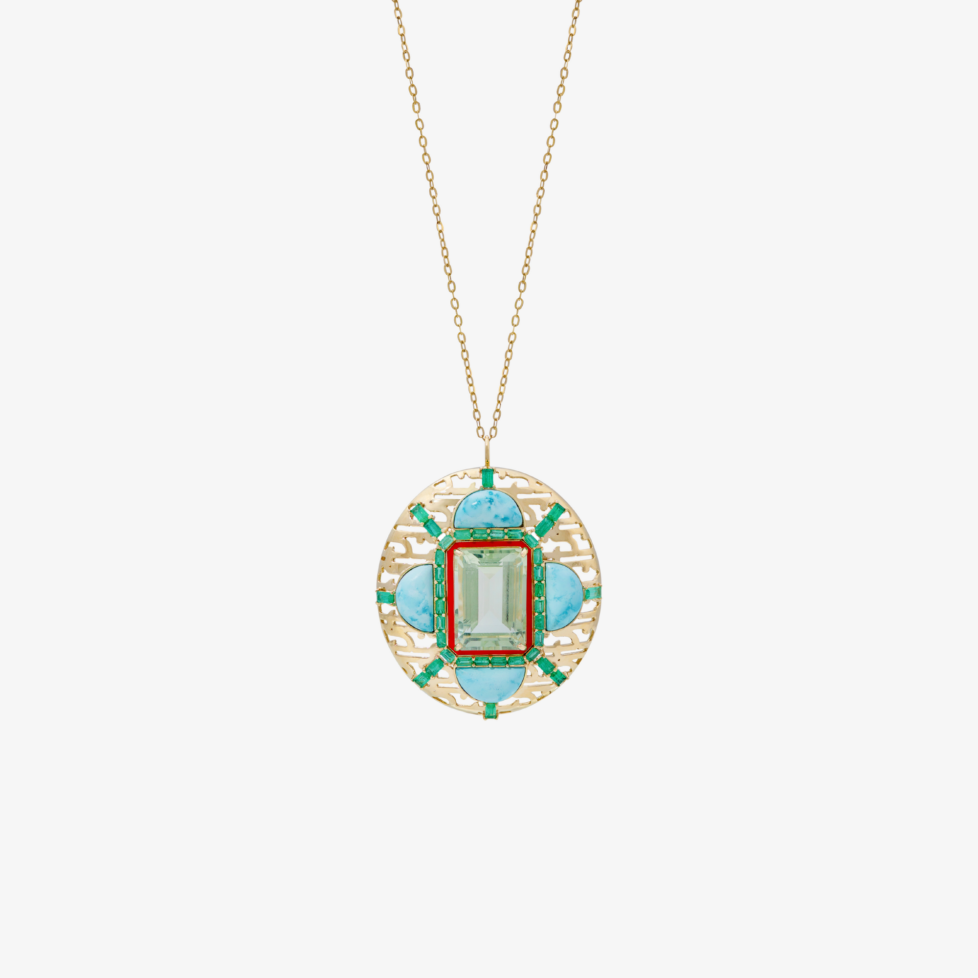 HAWA - 18K Gold, Emerald, Tourmaline & Turquoise Pendant