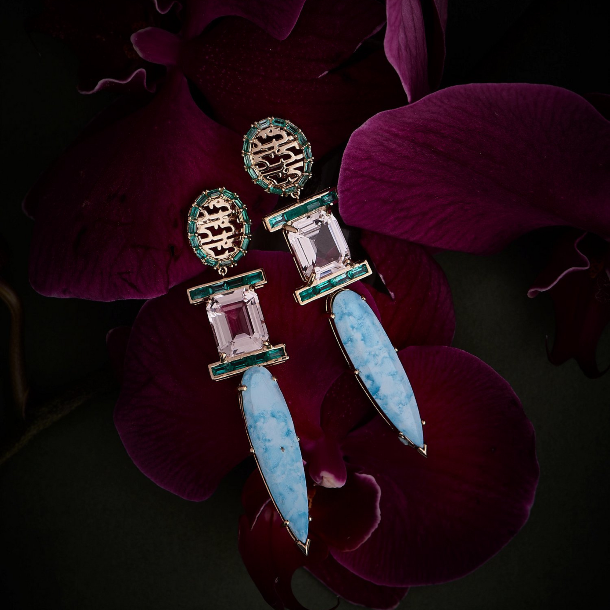 HAWA - 18K Gold, Emerald, Morganite & Turquoise Earrings