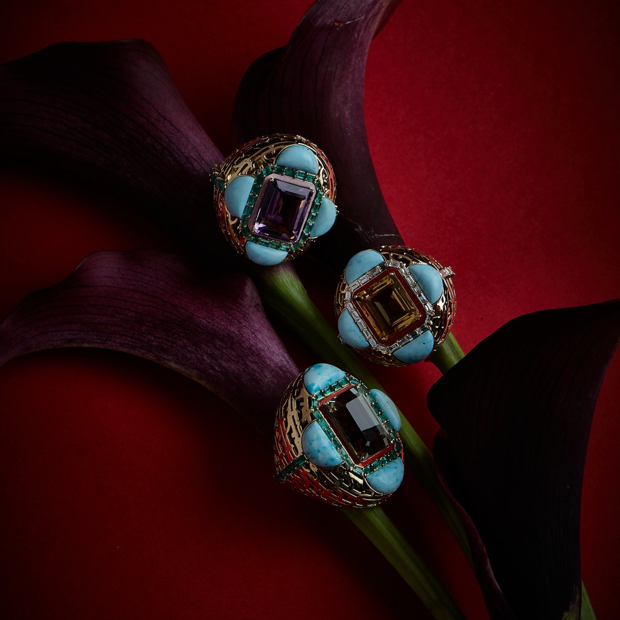 HAWA - Gold, Citrine & Turquoise Baguette Diamond Ring