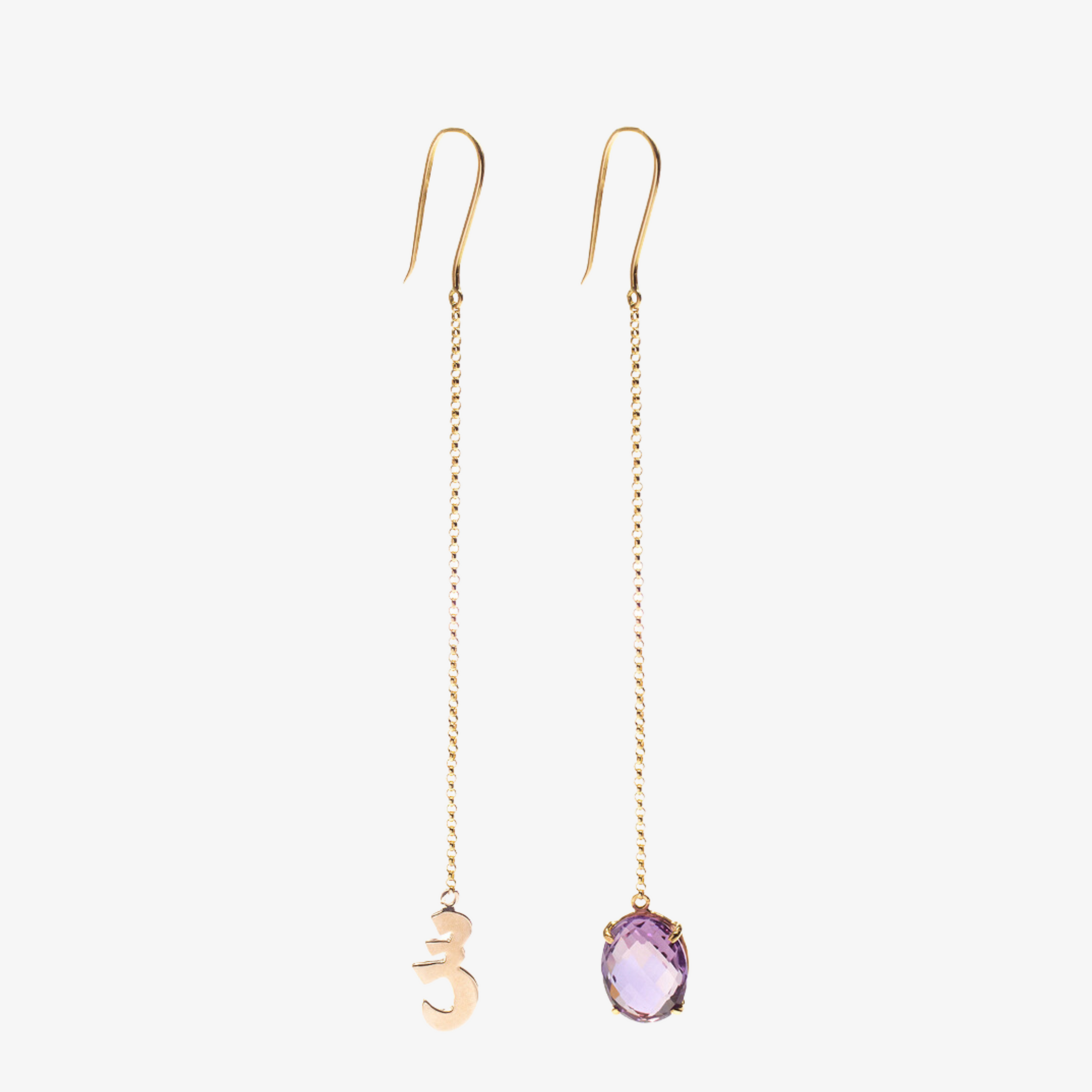 OULA - 18K Long Letter Gold & Amethyst Earring