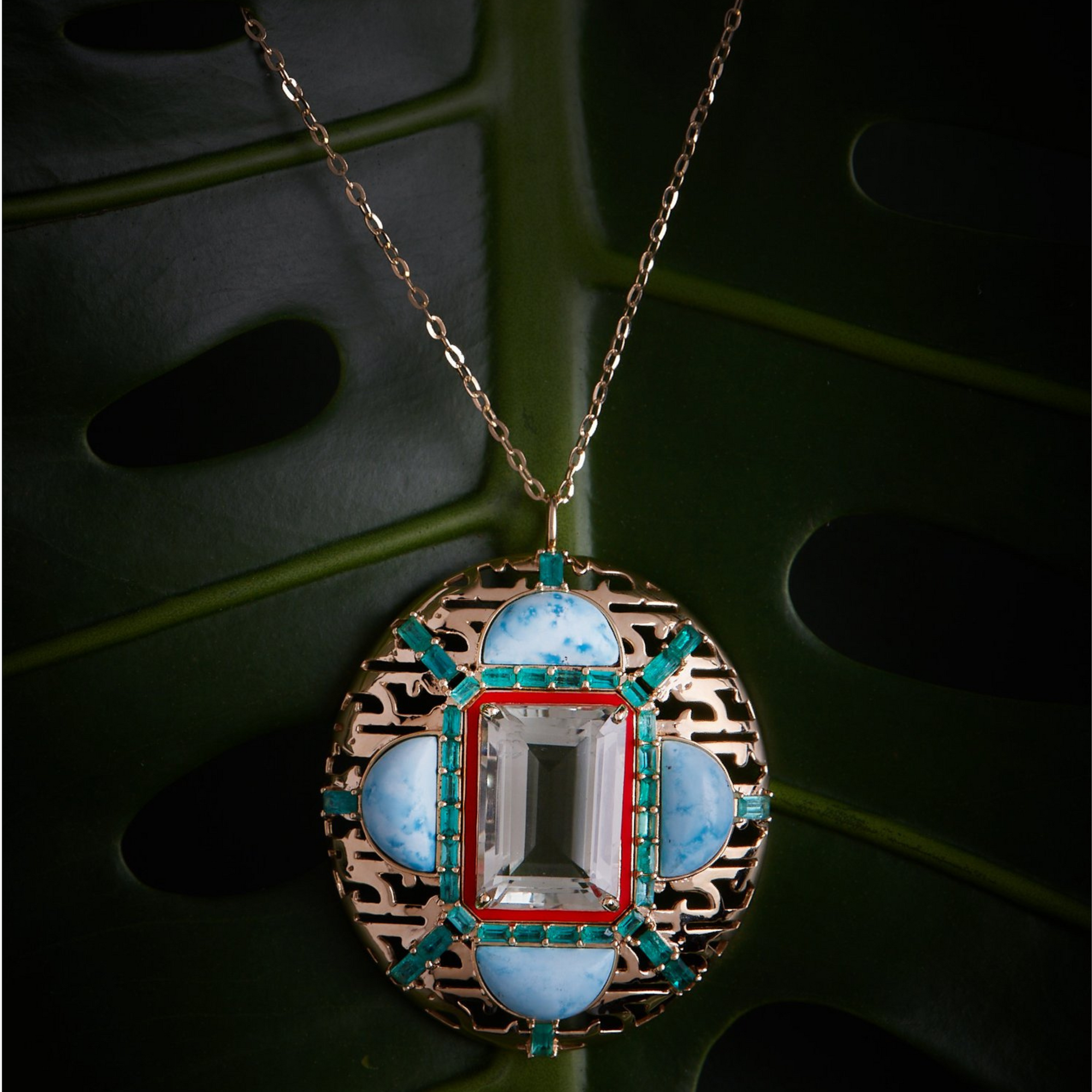 HAWA - Gold, Emerald, Tourmaline & Turquoise Pendant