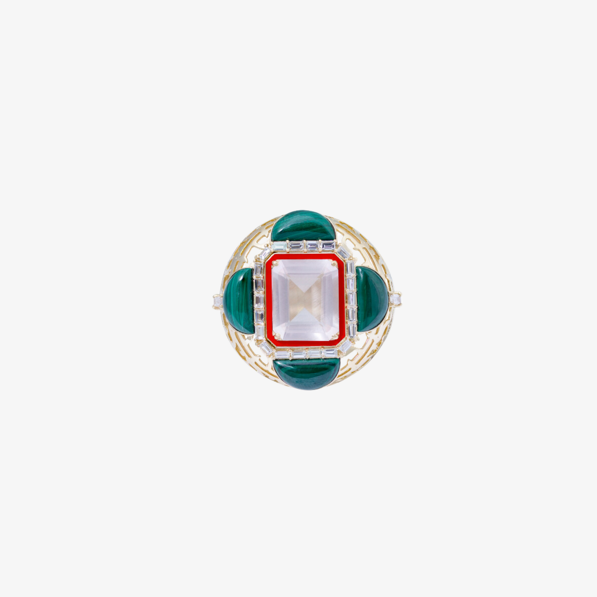 HAWA - Gold, Malachite, Pink Quartz & Baguette Diamond Ring