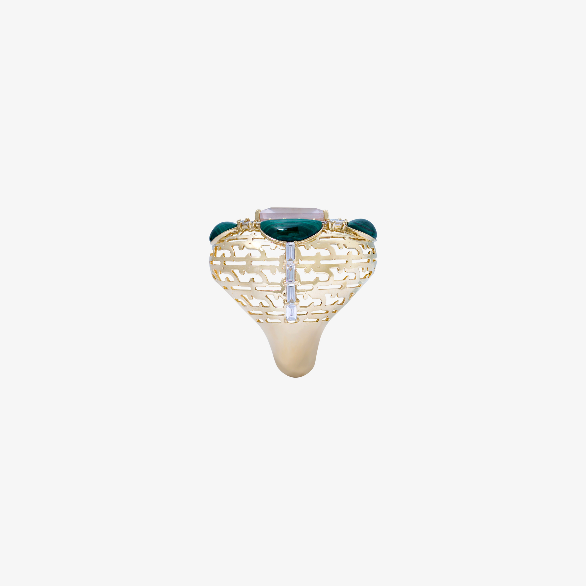 HAWA - 18K Gold, Malachite, Pink Quartz & Baguette Diamond Ring