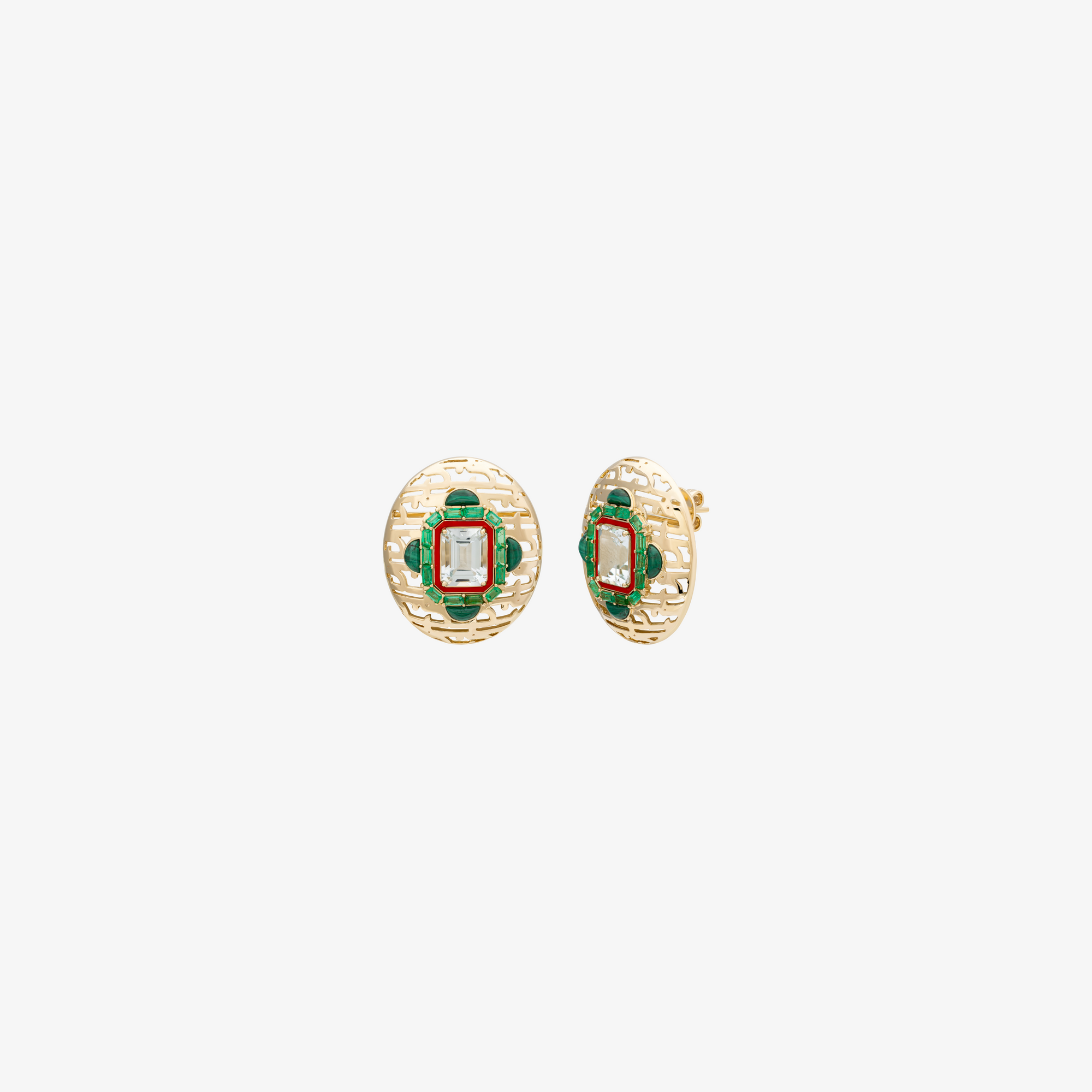 HAWA - 18K Gold, Malachite, Emerald, Aquamarine & Baguette Diamond Earrings